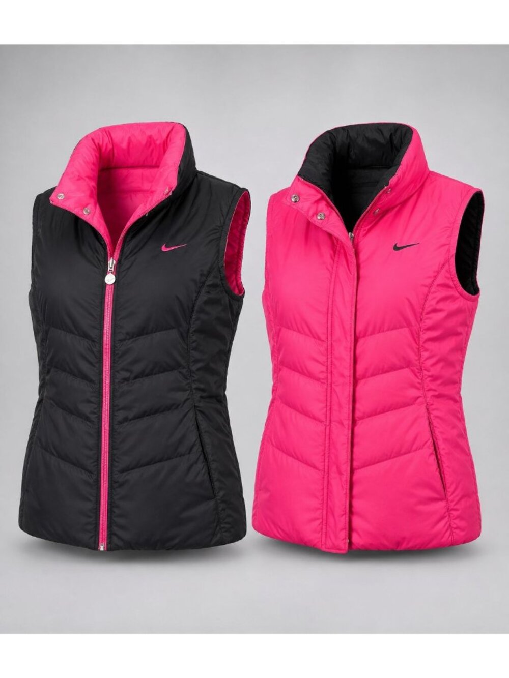 Nike Women's Small Reversible Vest Black Pink Puffer Insulated Zip-Up Warm Layer